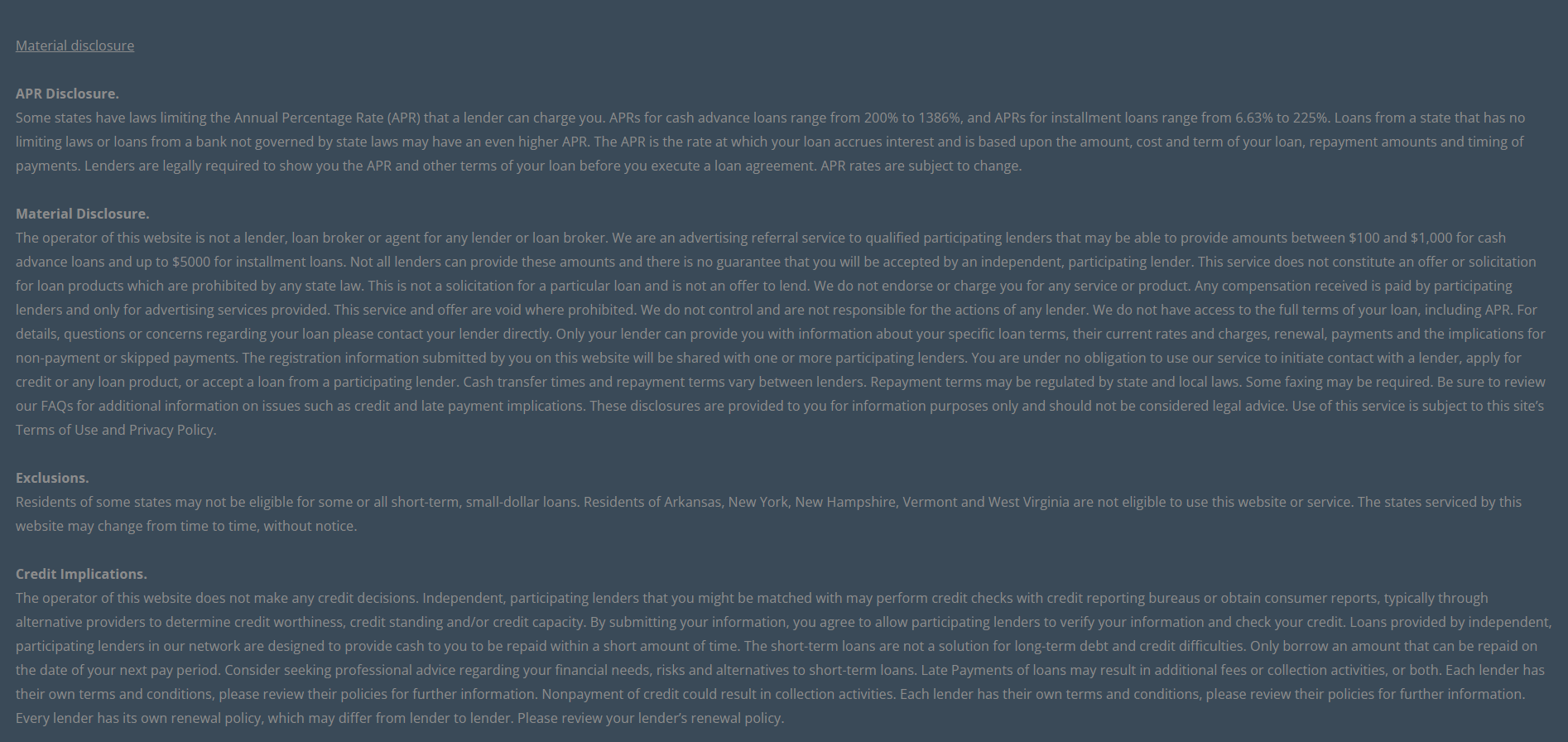 Material disclosure for payday loans in Saginaw Michigan